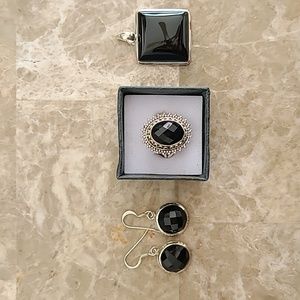 sterling silver and balck onyx pendent  ring, and earrings set